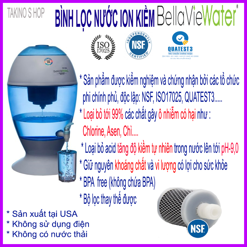 Bình Lọc Nước Gia Đình Bellaviewater Sản Xuất tại USA. Bình Lọc Nước Không cần cắm điện, Bình Lọc Nước Alkaline