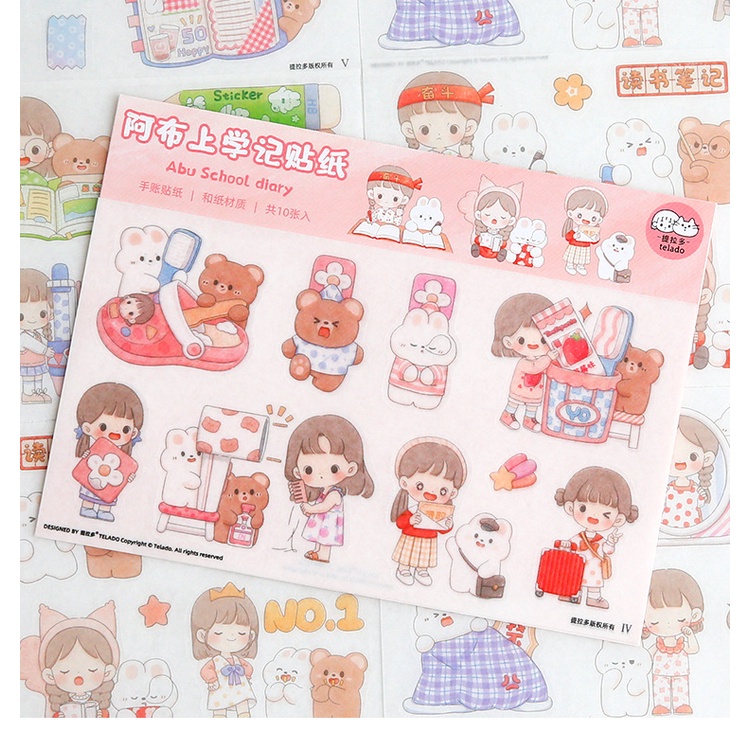 Set 10 tấm sticker TELADO họa tiết dễ thương, Đồ chơi thủ công giấy washi siêu cute, Túi sticker xinh xắn không thấm nước