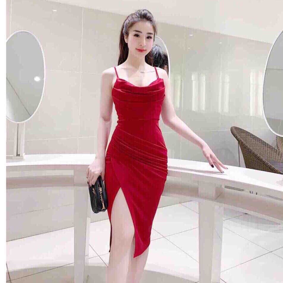 [3-5/8 Hoàn Tiền 25%] Váy đầm nữ body hai dây nhúm eo xẻ tà Tomb