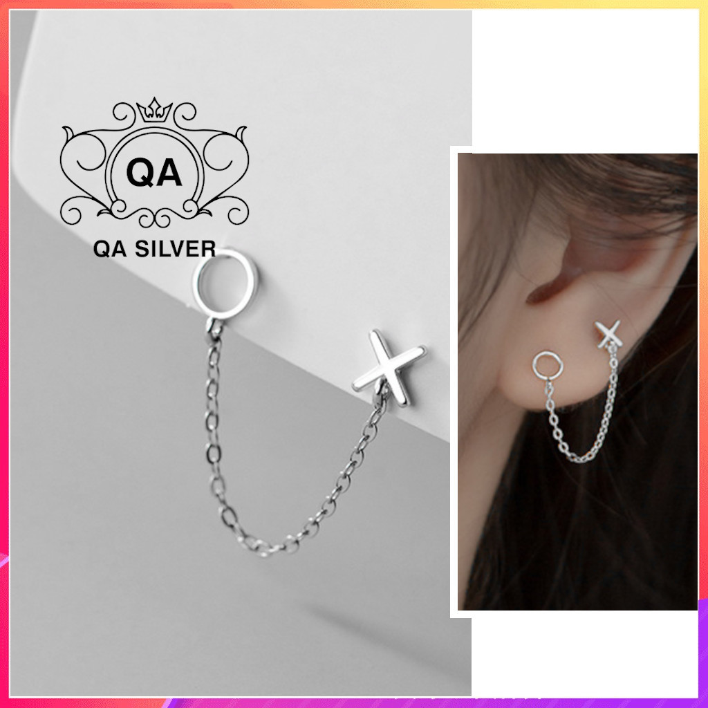 Khuyên tai bạc 2 lỗ xo dây xích bông tai vành nữ s925 chain silver earrings qa silver ea220701