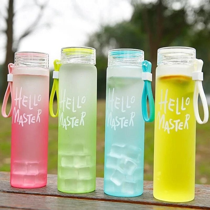Bình Nước Thủy Tinh In Chữ Hello Master 400ML có dây xách - Bình Thủy Tinh Đựng Nước Hello Master  nhiều màu