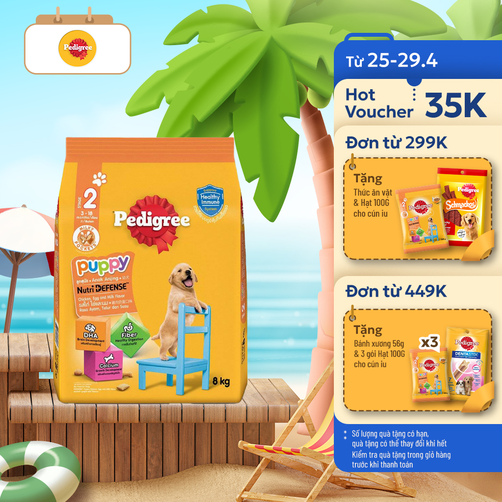 Thức Ăn Dạng Hạt Khô Cho Chó Con PEDIGREE NutriDefense Vị Gà, Trứng, Sữa 8Kg - Phát Triển  Tăng Trưởng Não Bộ cho Chó Con