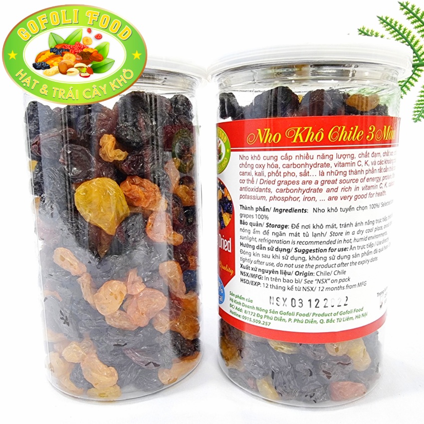 Nho khô 3 màu chile/ Nho sấy khô mix 3 vị GOFOLI, 500g loại 1, không đường, trái to, dẻo thơm ngon/ Three Color Chile Raisins, class 1, soft, delicious, no sugar, big size