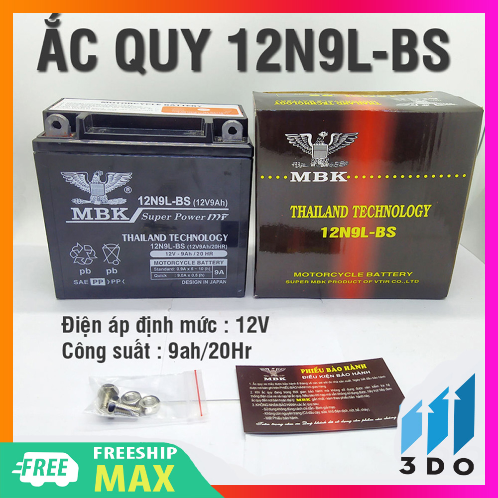 Ắc quy xe máy khô MBK 12v - 9Ah kích thước 135x75x130mm công nghệ Thái Lan mã 12N9L-BS (Bảo hành 12 tháng), ắc quy khô xe máy, bình ắc quy khô xe máy