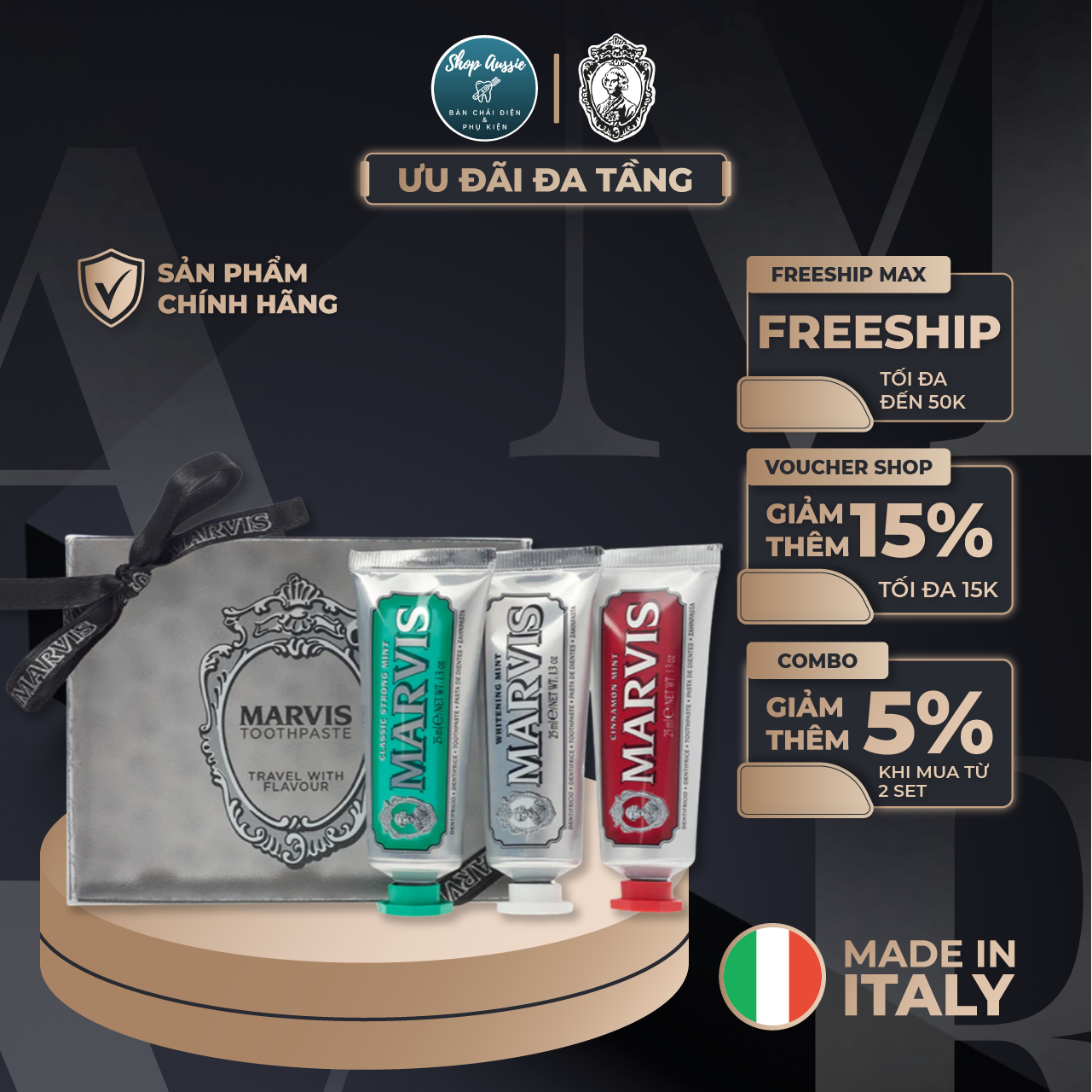 Mini Set 3 Kem Đánh Răng Ý Marvis Classic 3 Tuýp 25ML - Combo 3 Mùi Vị Cổ Điển, Cảm Giác Tươi Mát, Răng Nướu Chắc Khỏe