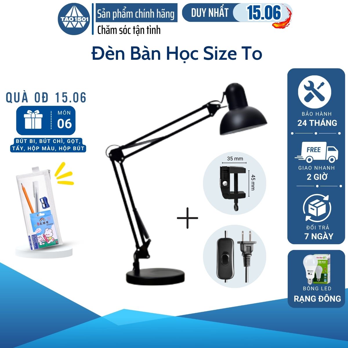 Đèn bàn học TA0603 TAO1501 Bóng LED Chống Cận Thị E27 A60 Đổi 3 Màu Ánh Sáng Kiểu Dáng PIXAR Size Lớn