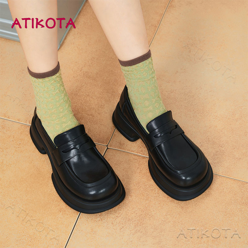 Atikota giày da mũi tròn đế dày thoải mái phong cách retro cho nữ