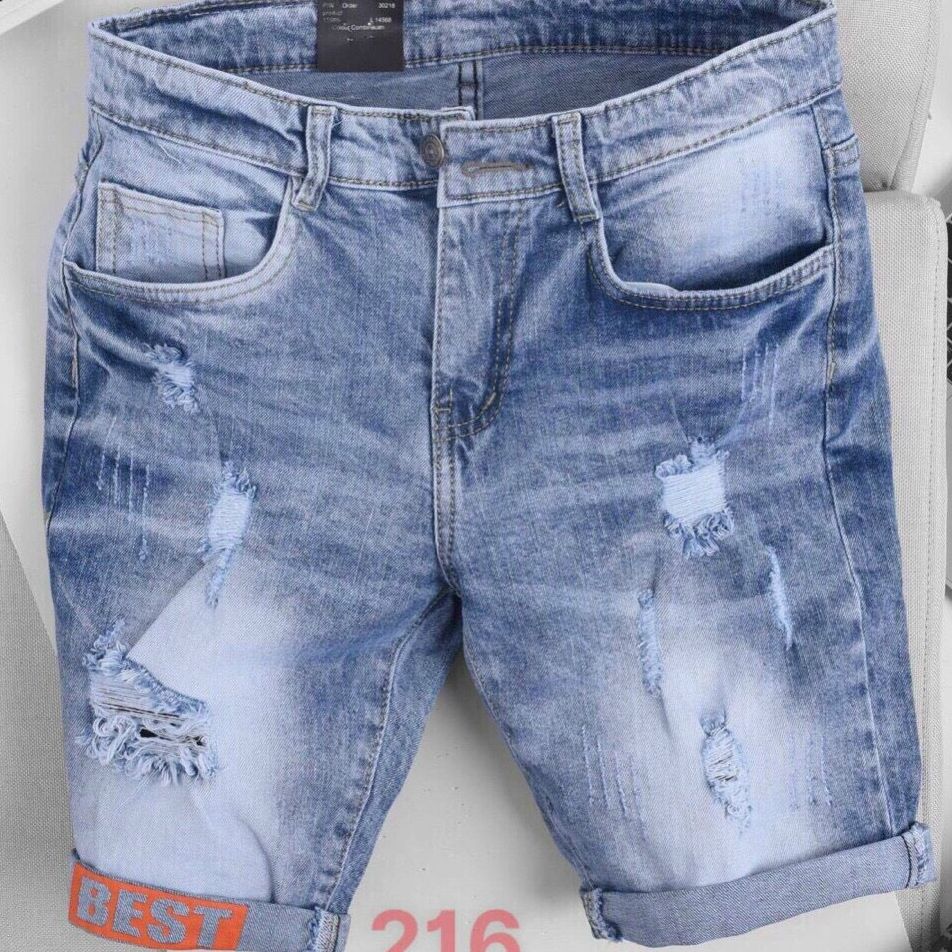 quần short jean nam lửng ngố xanh rách in chữ đẹp chất co giãn chuẩn shop