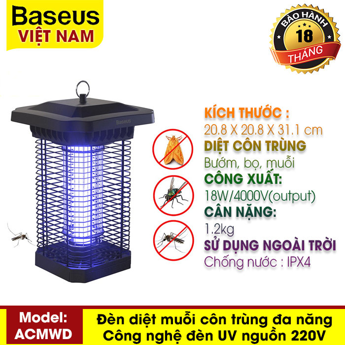 Đèn bắt muỗi, diệt côn trùng bằng công nghệ tia UV Baseus Pavilion Courtyard Mosquito Killer 18W - 4000V, kháng nước IPX4 sử dụng ngoài trời, sân vườn, ban công