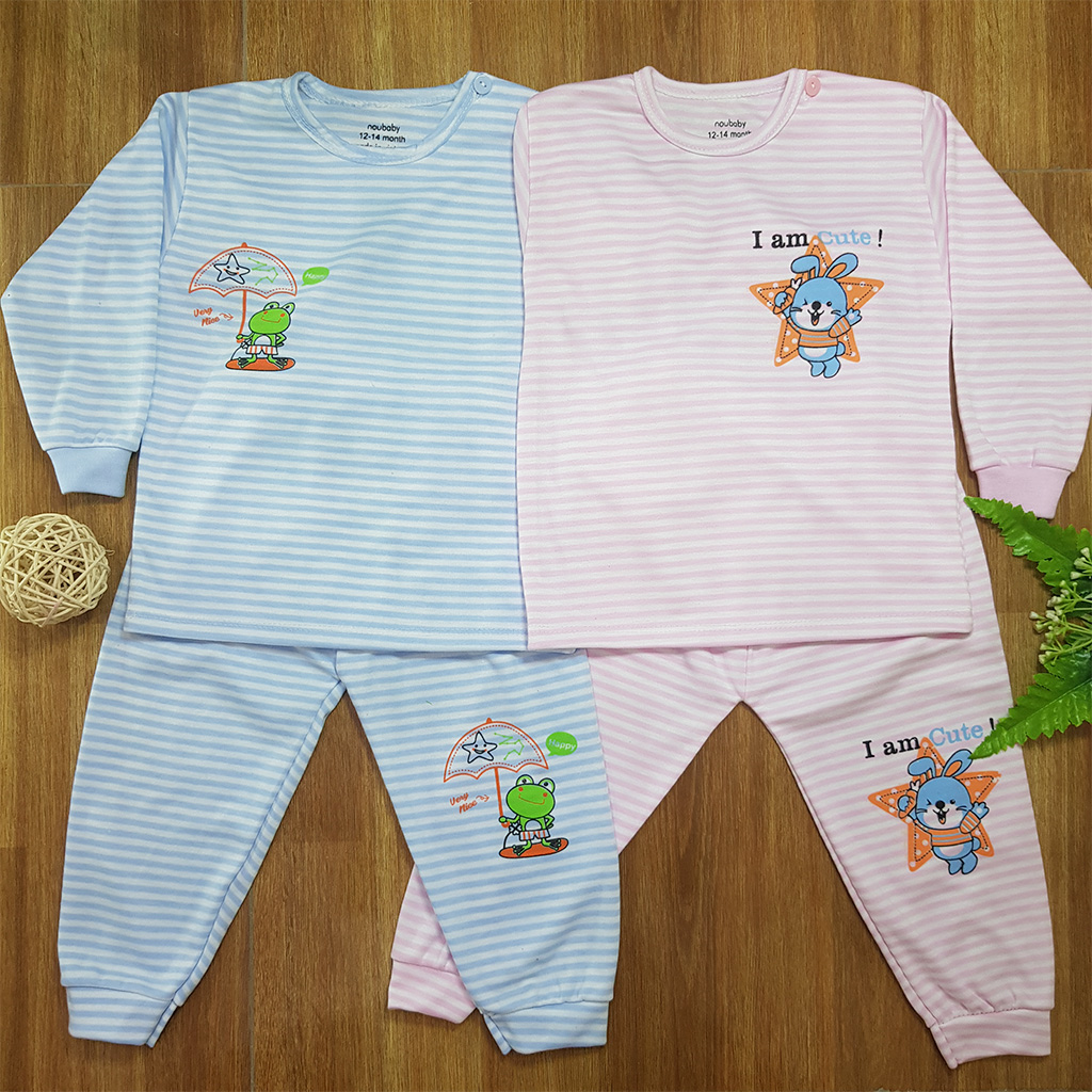Bộ nỉ dài tay NOUBABY cotton kẻ đẹp in hình ngộ nghĩnh cho bé - BOTD08