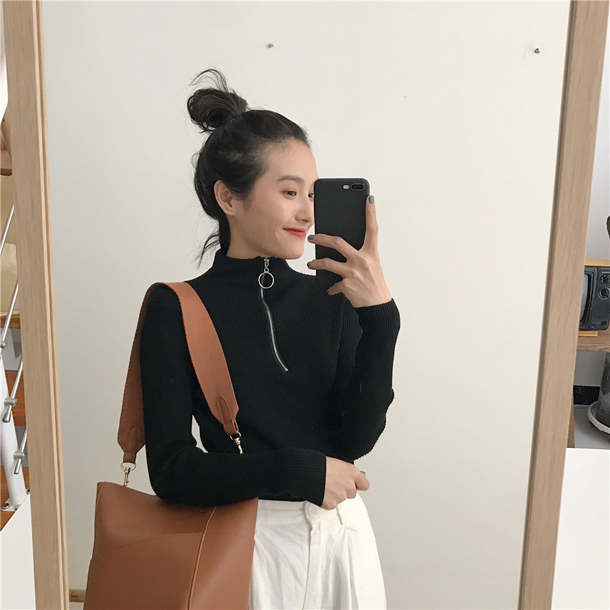 Áo len tăm body dài tay cổ trụ kéo khóa cho nữ