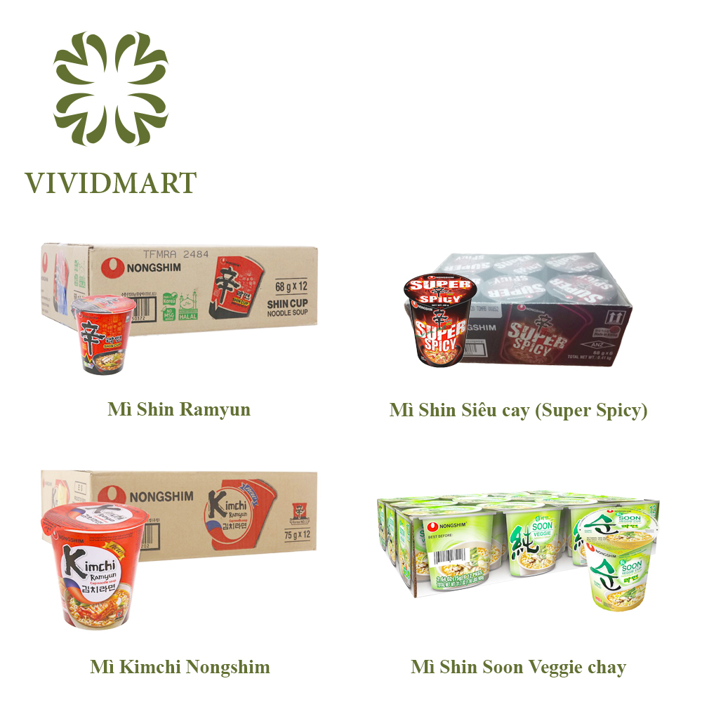 Mì ly nongshim hàn quốc 4 vị: shin ramyun cay, shin red siêu cay, soon veggie chay, kim chi – 68g/hộp