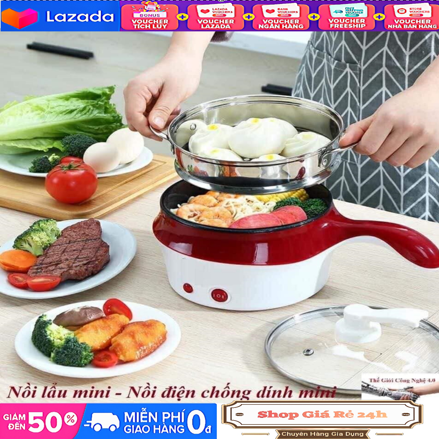 Nồi Lẩu Mini Đa Năng - Ca Nấu Mì Có Tay Cầm - Tặng Kèm Xửng Hấp Inox Cao Cấp Tiện Dụng 18cm