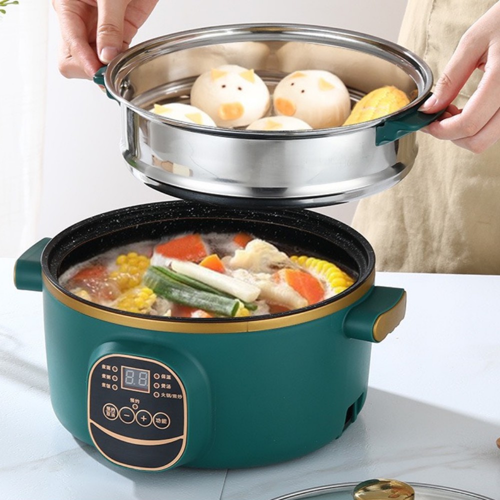 Nồi Lẩu Điện Đa Năng Electric Cooker Pot Shanban 24cm Kèm Hấp Inox - Nồi Lẩu Mini Kết Hợp Nồi Nấu 6 Chế Độ Nấu Cao Cấp