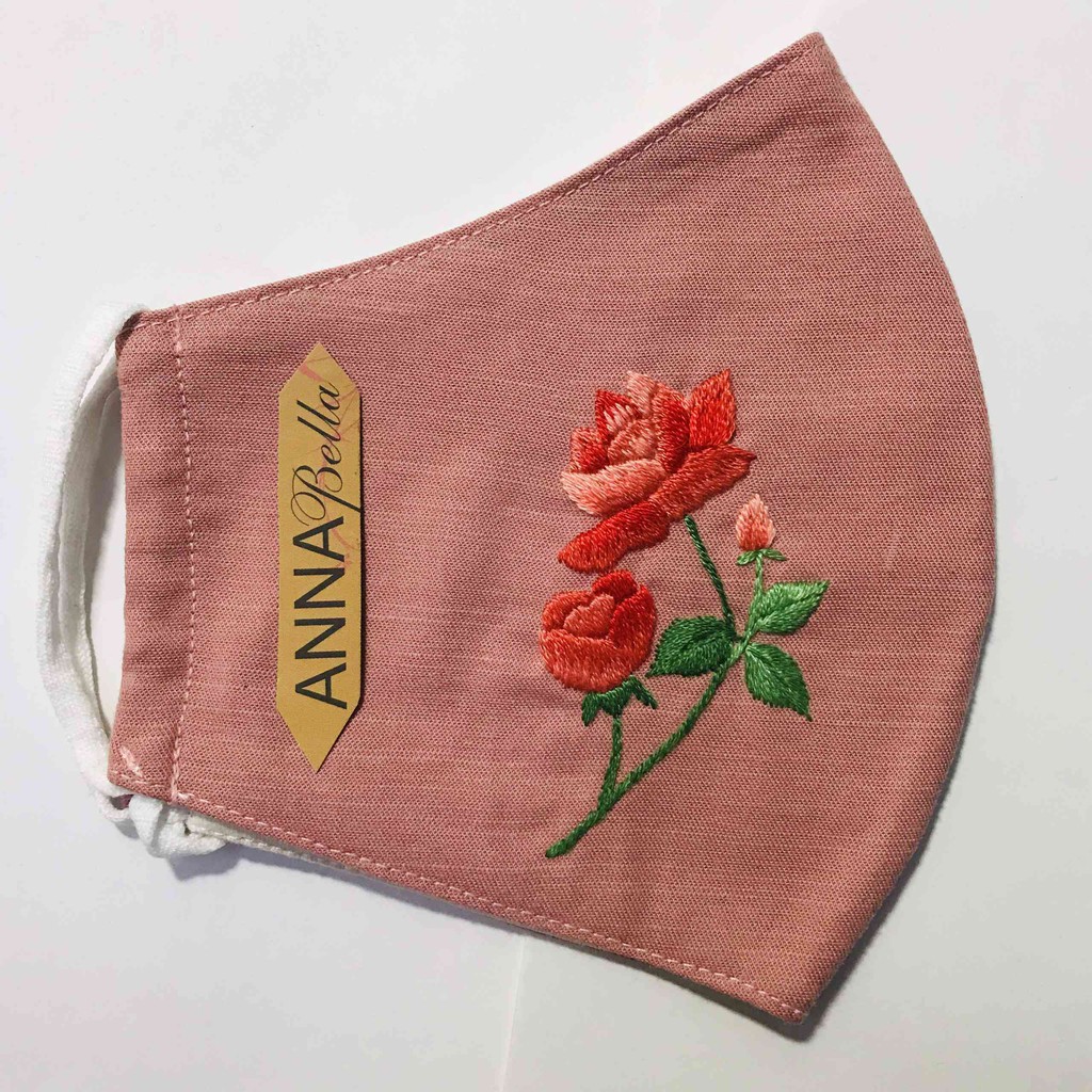Khẩu trang vải linen thêu tay mẫu hoa an14