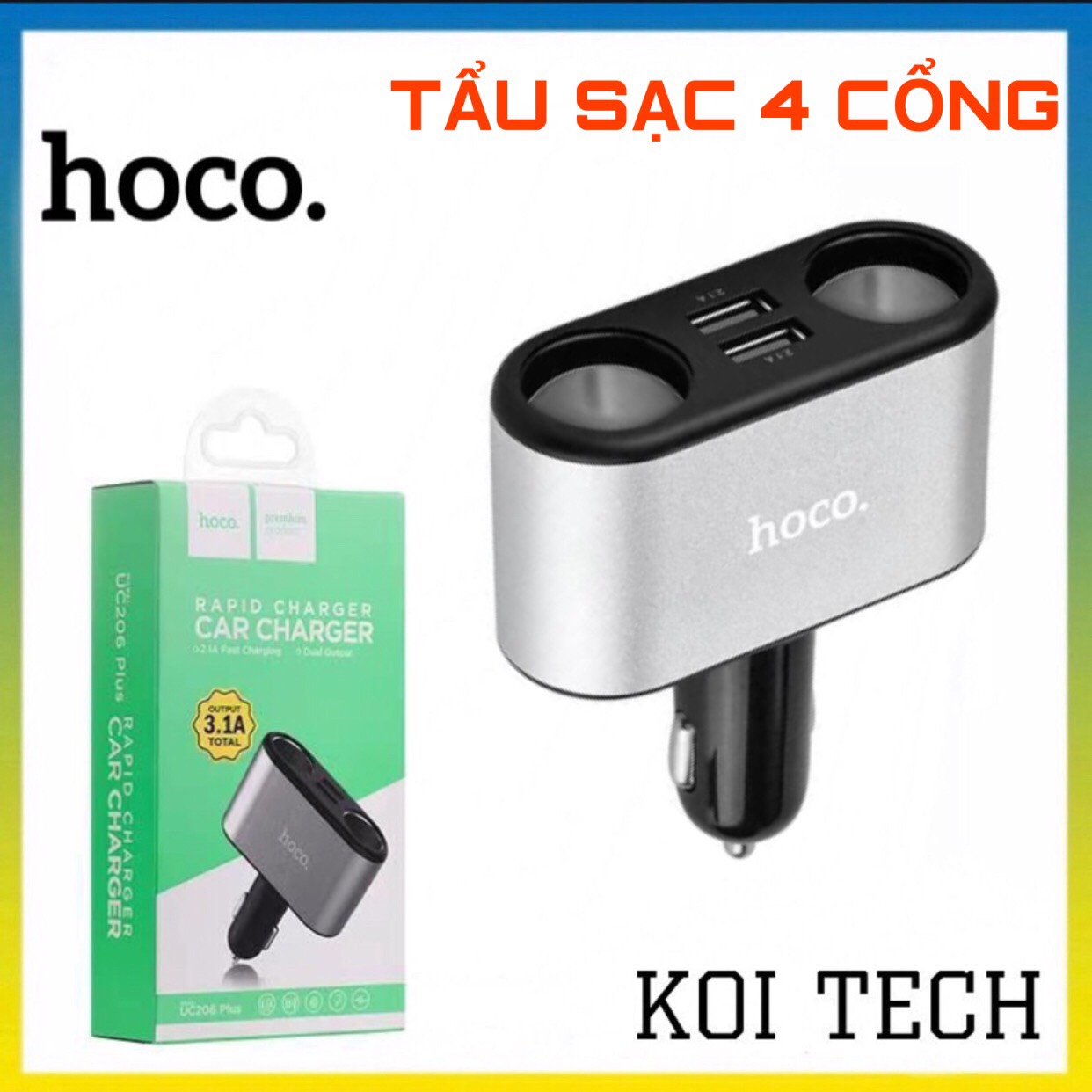Tẩu sạc nhanh oto 4 cổng hoco df206 - cốc sạc 2 cổng usb 2 cổng chia trên ô tô xe hơi - koi tech
