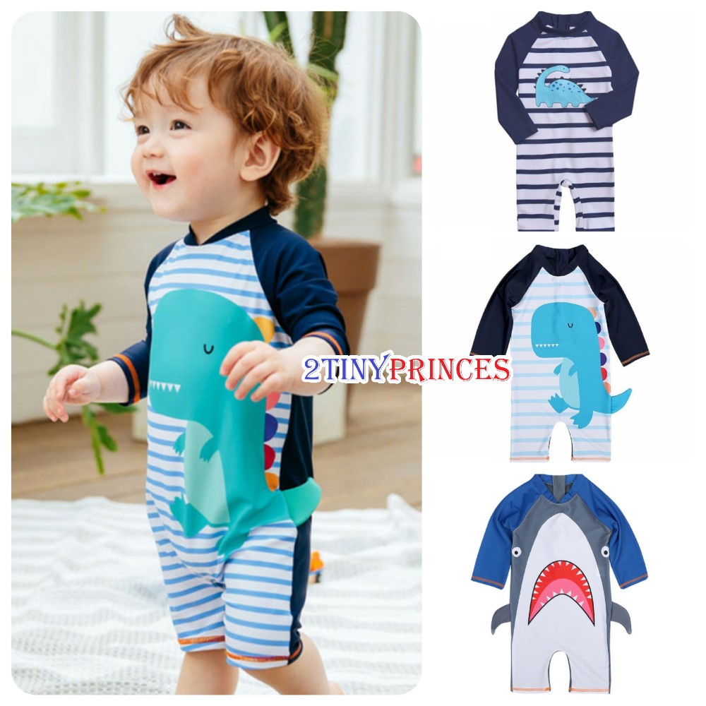 Bộ đồ bơi liền thân dài tay hoạ tiết khủng long, cá mập - Đồ bơi bé trai DBBT12