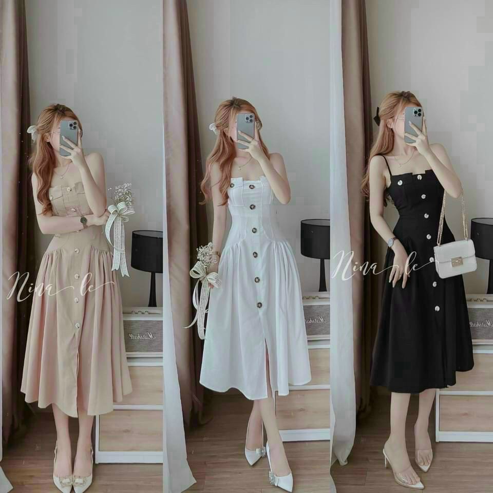 Đầm 2 dây nút bọc to chất for có mút ngực mặc lên siêu đẹp tôn dáng, đầm maxi 2 dây đuôi cá thiết kế dáng dài trễ vai đi biển dạo phố sang chảnh, đầm nhún xòe 2 dây duyên dáng dx