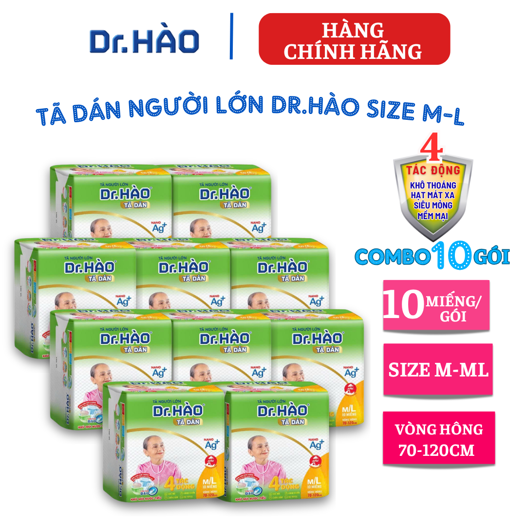 {Hàng chính hãng} Tã Dán Người Lớn DR. HÀO Size M/L 10 gói Miếng (Combo 10gói) bỉm dán cho người già siêu thấm hút, kháng khuẩn, khử mùi, chống hăm, tả giấy dùng một lần