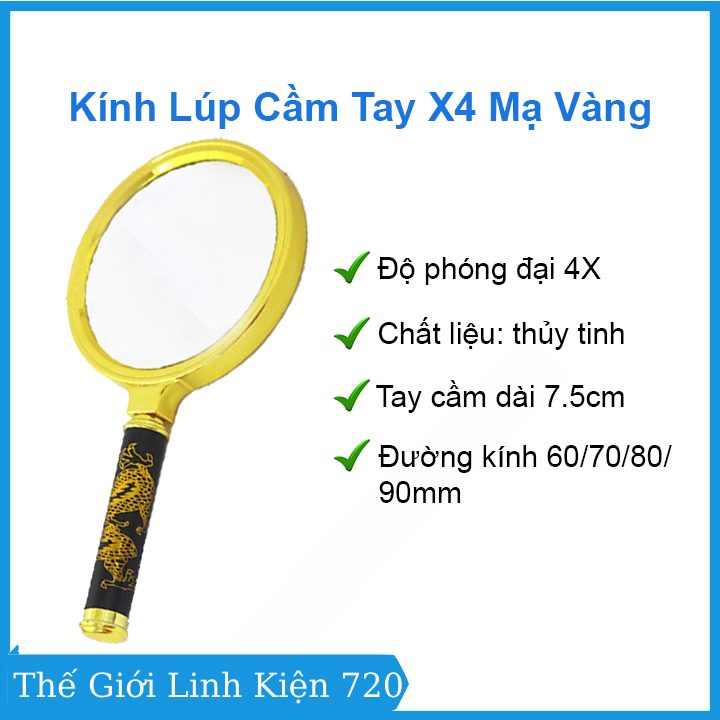 Kính lúp cầm tay Magnifier X4 mạ vàng đa năng, kích thước 60/70/80/90mm hỗ trợ hàn mạch, sửa broad, đọc sách..