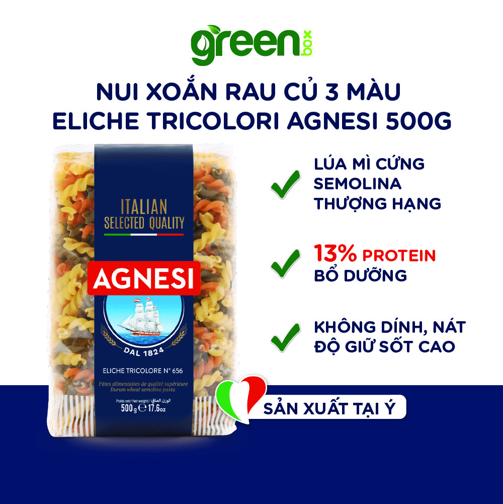 Nui xoắn rau củ 3 màu Eliche Tricolori Agnesi Ý 500g nấu ngon với sốt mì ý bò bằm Bolognese, nui xoắn cho bé
