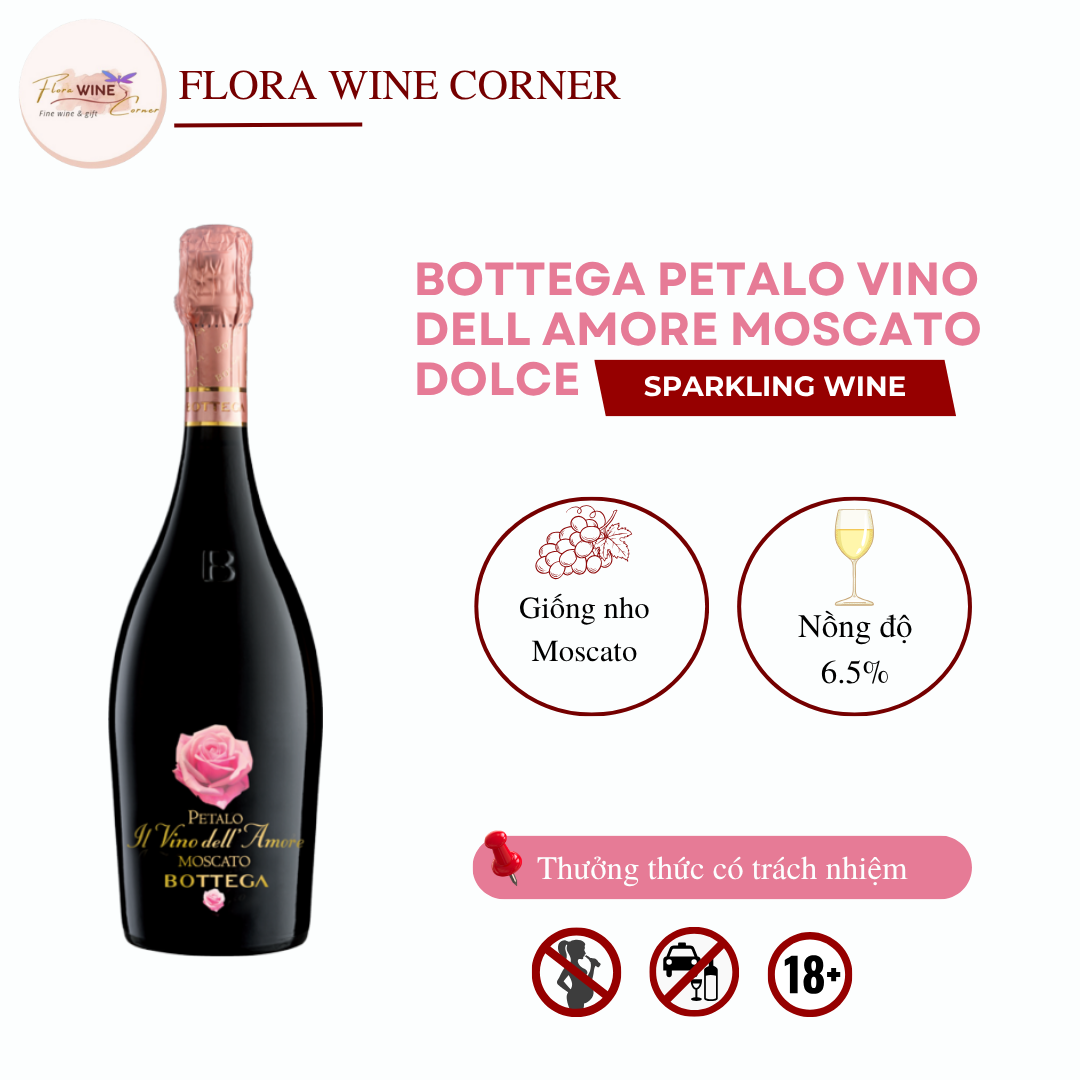 Rượu vang sủi Ý Bottega Petalo Vino dell Amore Moscato Dolce - Nồng độ 6.5% Alc, 750ml - Nhập khẩu Chính Hãng