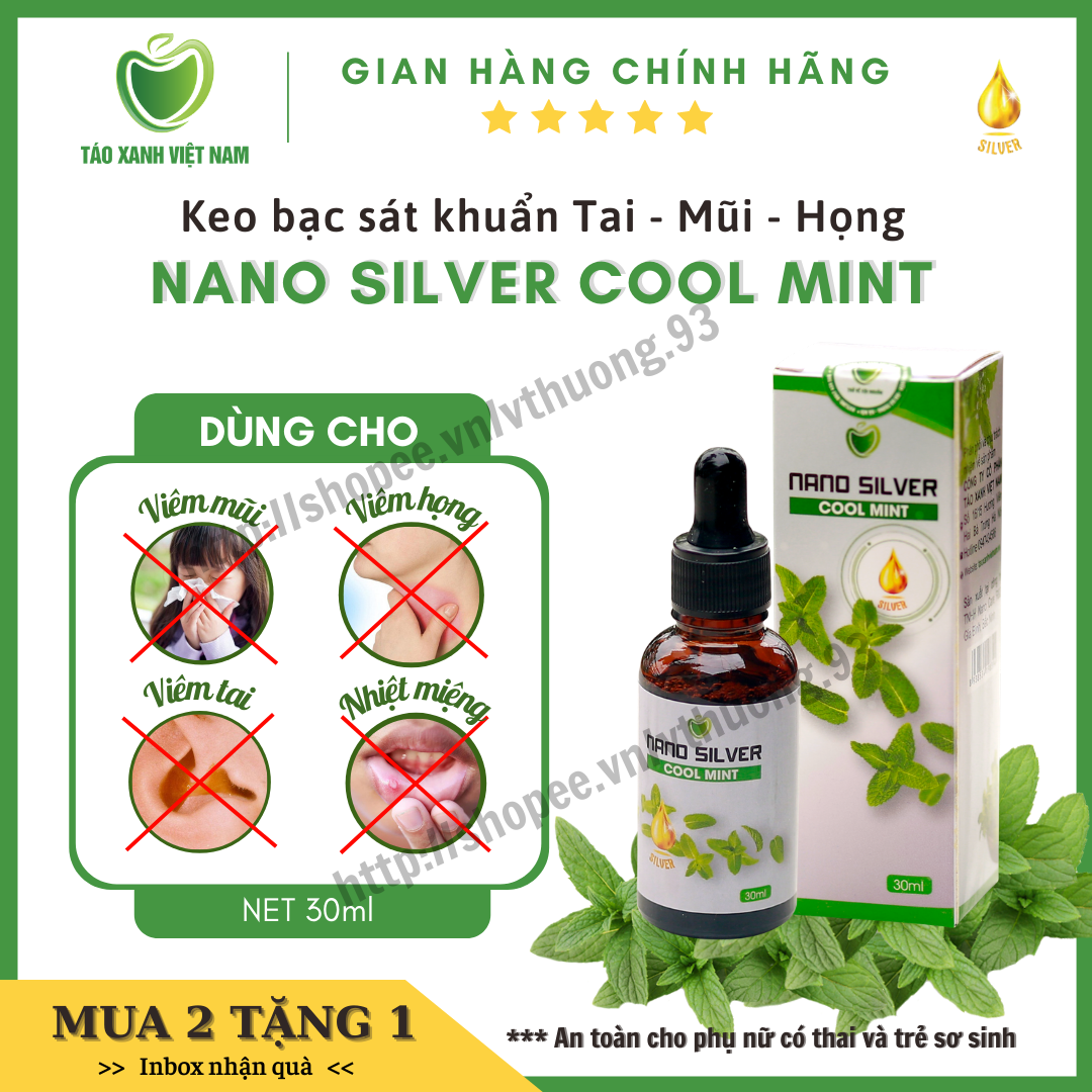 Nước súc miệng nano silver cool mint - sát khuẩn tai mũi họng 30ml - mua 2 tặng 1 xịt không gian nano bạc