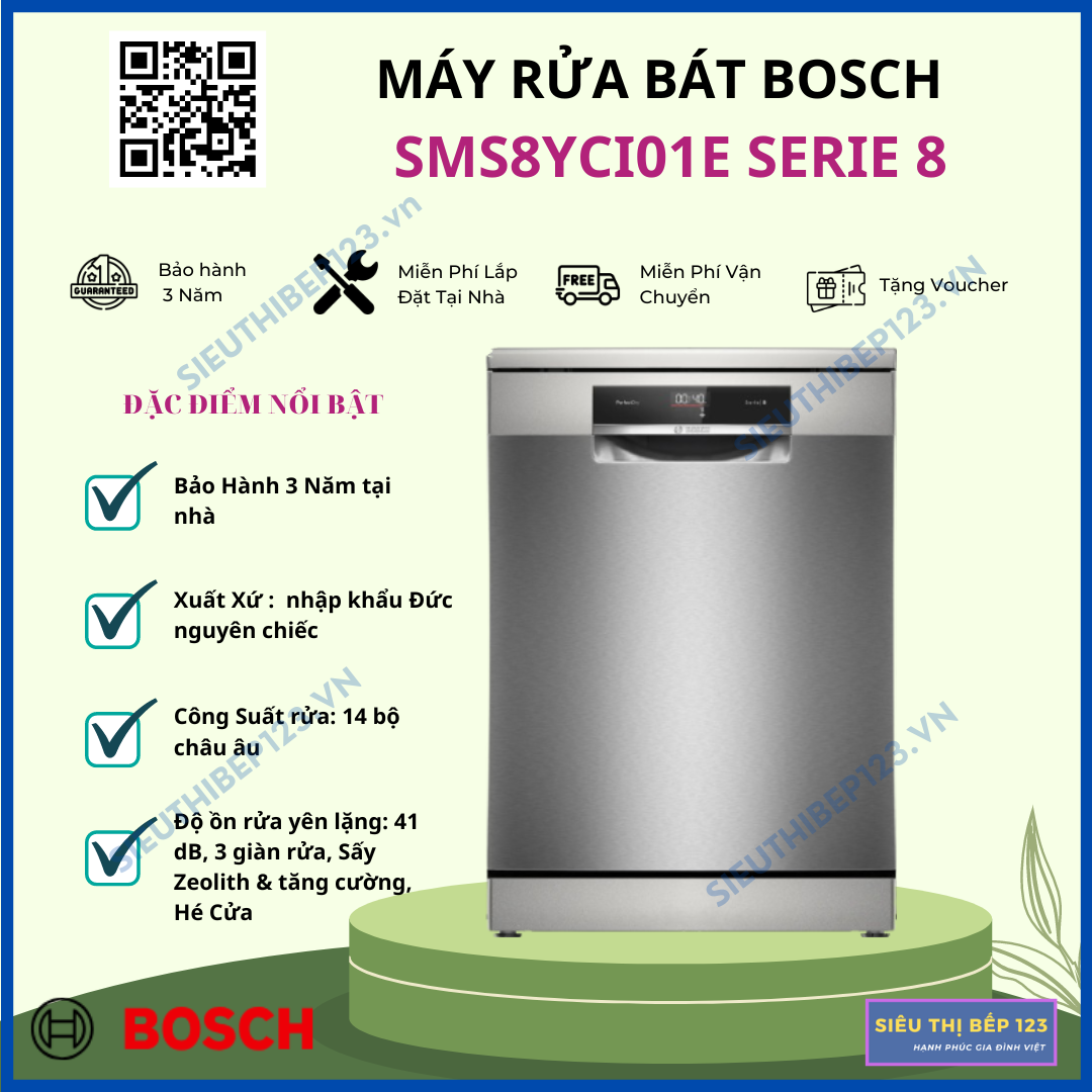 Máy rửa bát bosch sms8yci01e serie 8 sấy zeolith - home connect - nhập khẩu đức - bảo hành 3 năm chính hãng