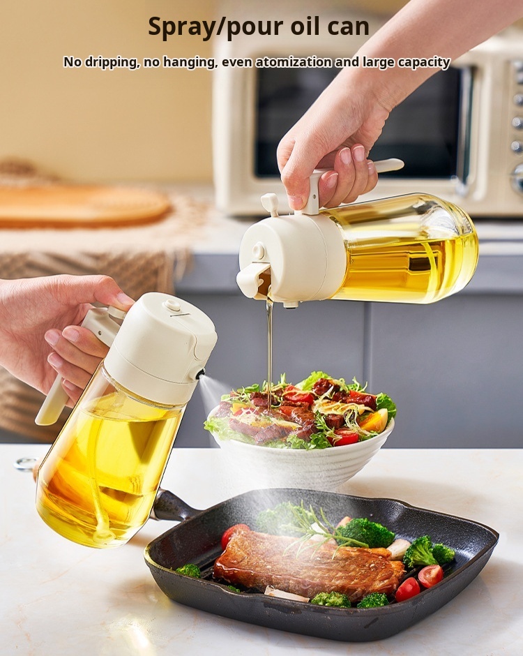 2-in-1 large-capacity glass oil bottle, automatic press spray oil control bottle, seasoning bottle