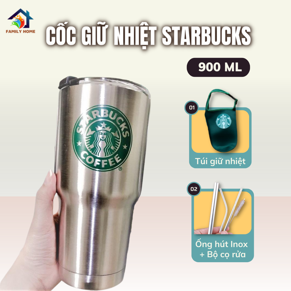 Ly Giữ Nhiệt Starbucks Thái Lan Cao Cấp Inox 304 Nắp Chống Trào 900ml + Tặng Kèm Bộ Ống Hút Inox và Túi Đựng Thời Trang ( Màu Ngẫu Nhiên), startbucks bình starbucks starbuck bình giữ nhiệt starbucks starbucks tumbler cốc starbucks starbuck