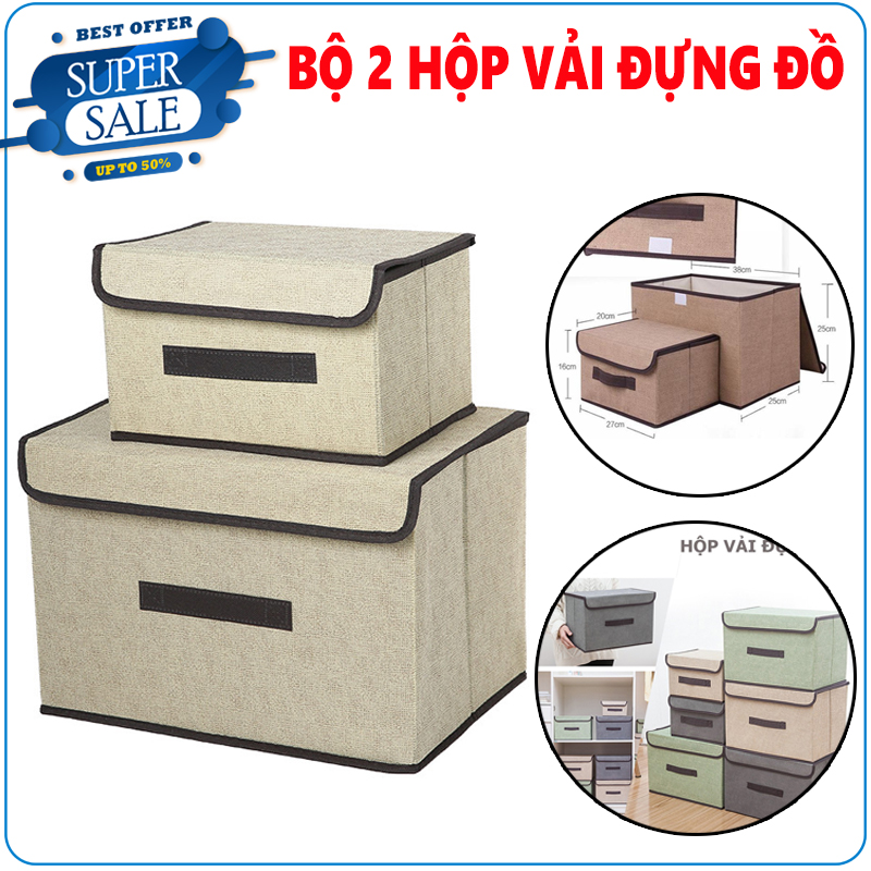 Combo 2 hộp vải, bộ 2 hộp vải đựng đồ thùng đựng quần áo đồ chơi, mĩ phẩm đa năng bằng vải cứng cắp có nắp đậy tiện dụng siêu đẹp