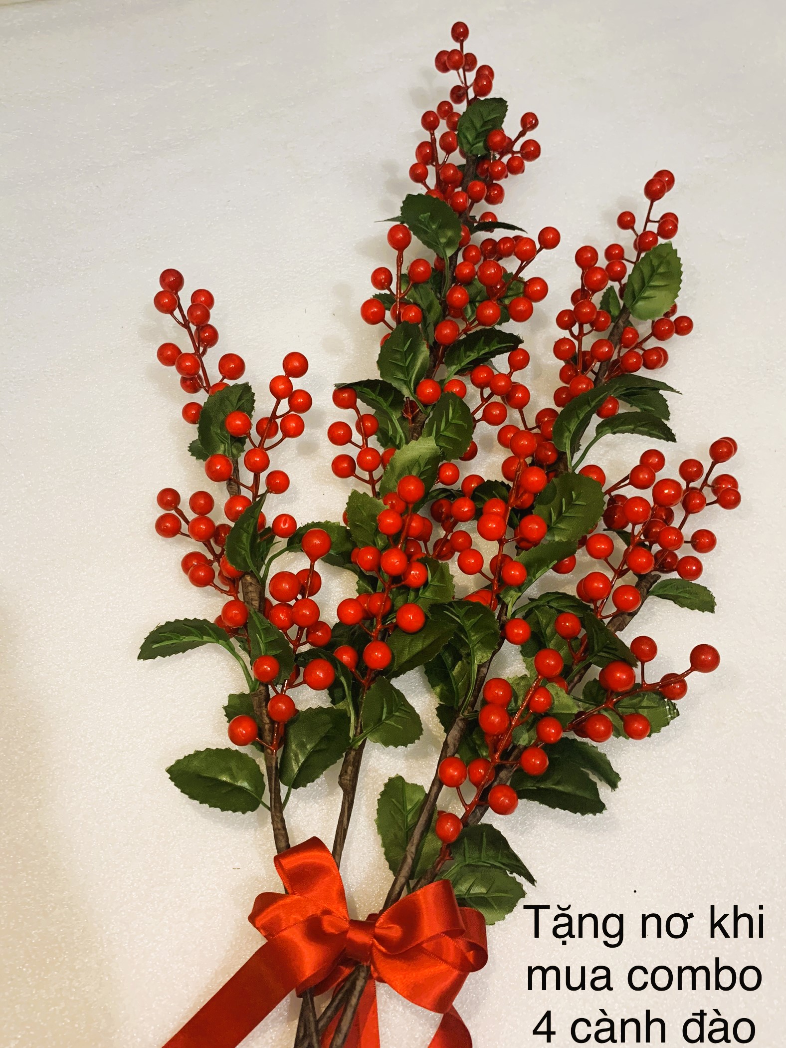 Đào đông đỏ cherry hoa giả trái to bóng có lá sung túc để bàn trang trí nhà cửa decor phòng khách noel giáng sinh lễ tết - Lẻ & [set combo 5 cành