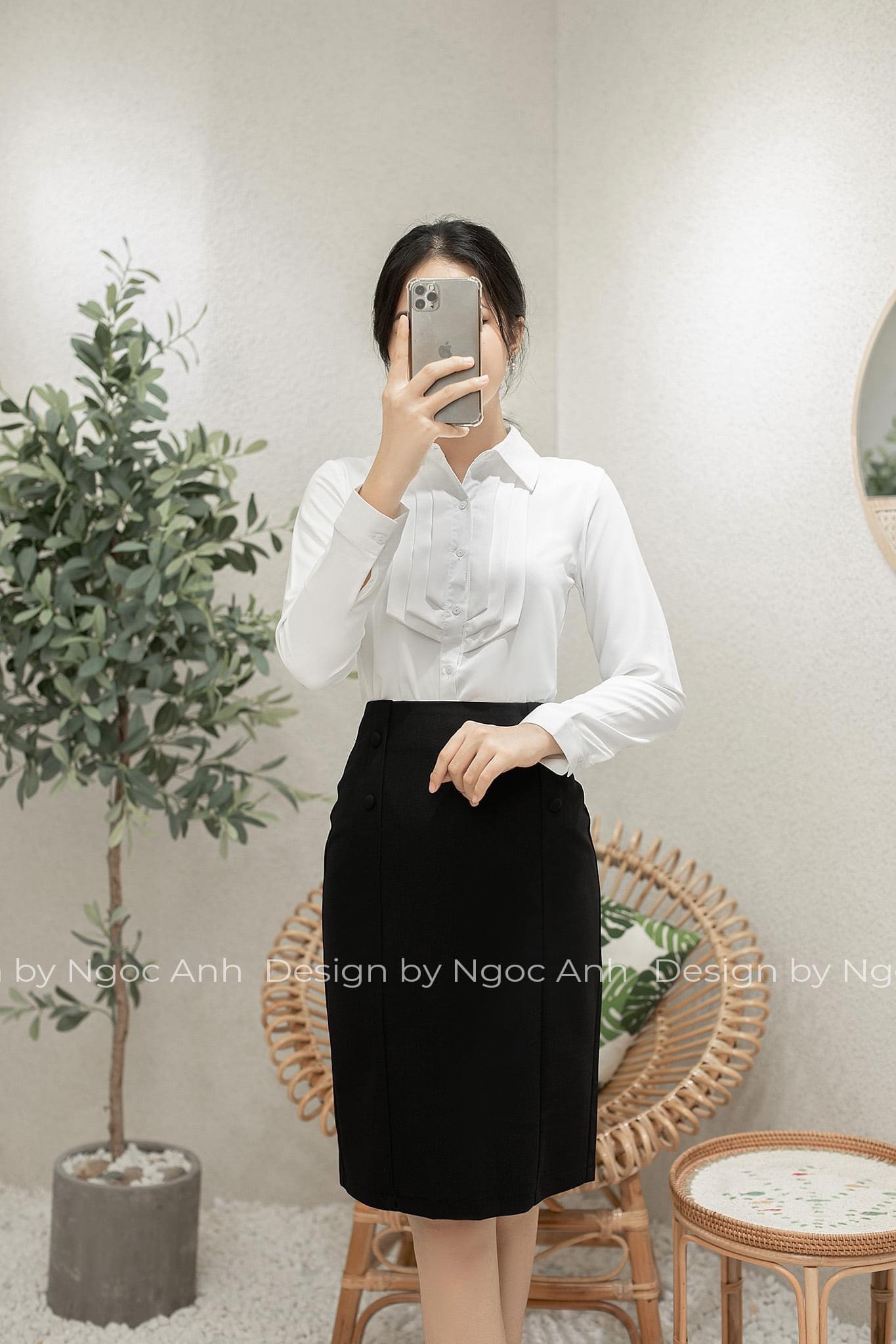 Chân váy bút chì phối nút sang chảnh chân váy công sở đẹp 3 mảnh 4 cúc ốp
