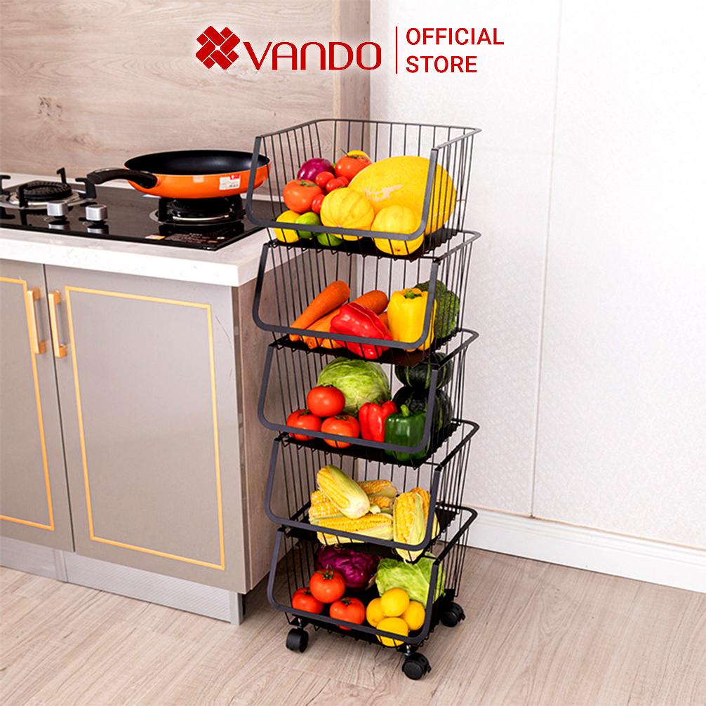 Kệ Giỏ Lưới Đa Năng Có Bánh Xe VANDO Để Rau Củ Quả Đồ Đạc Dùng Cho Phòng Bếp, Phòng Khách