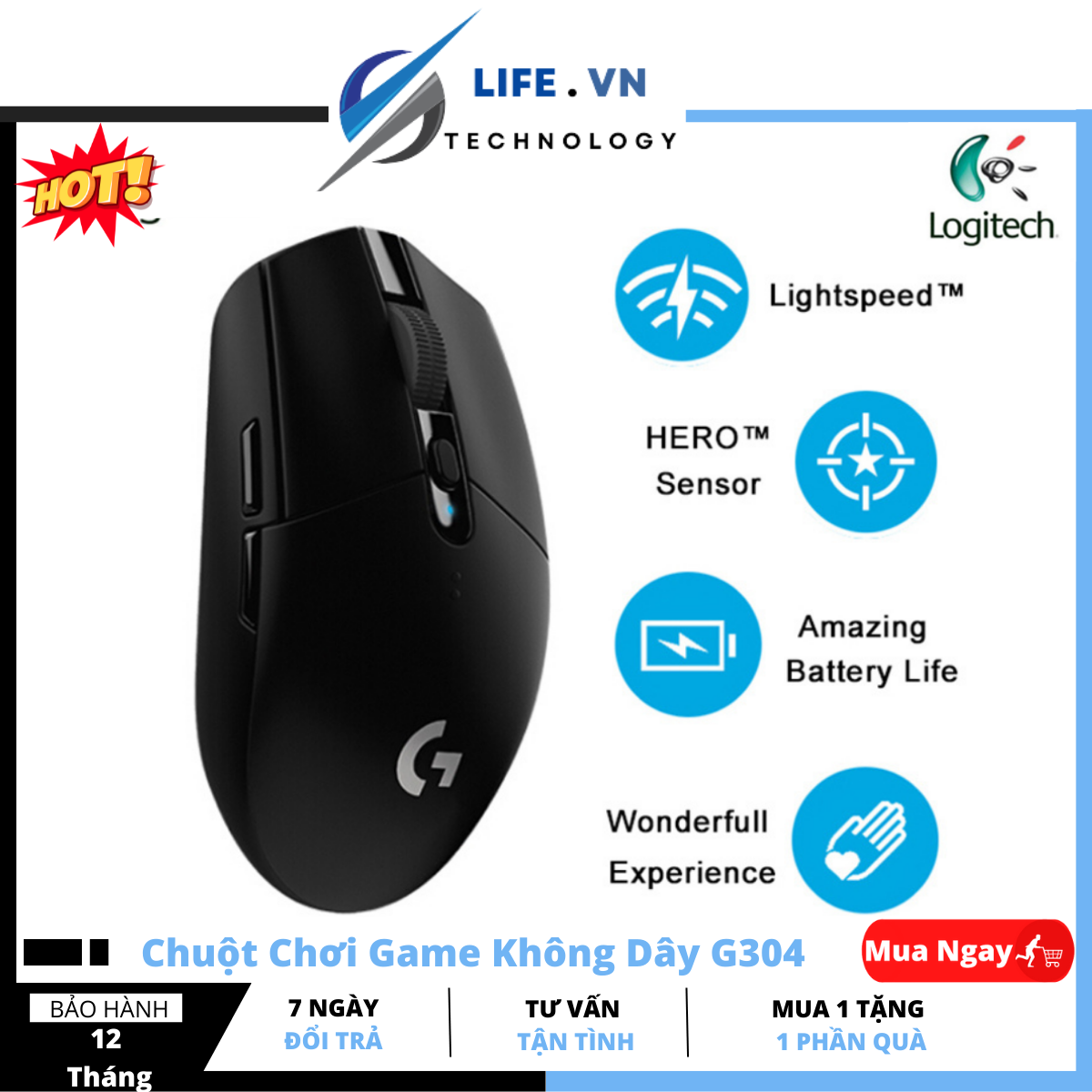 Chuột chơi game g304 lightspeed , chuột gaming logitech không dây - chuột làm việc máy tính - thiết kế nhỏ gọn bh 12 tháng