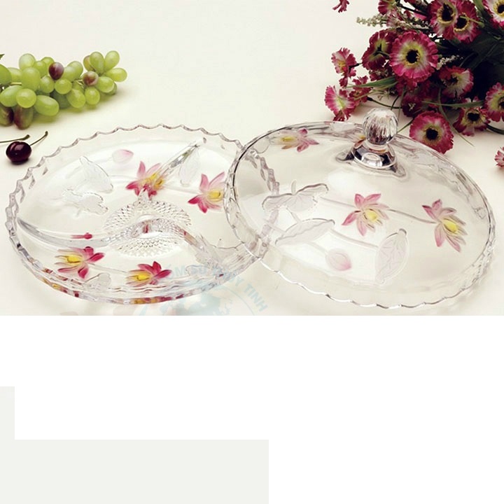 Khay thủy tinh đựng bánh kẹo tết họa tiết hoa sen 3 ngăn cao cấp