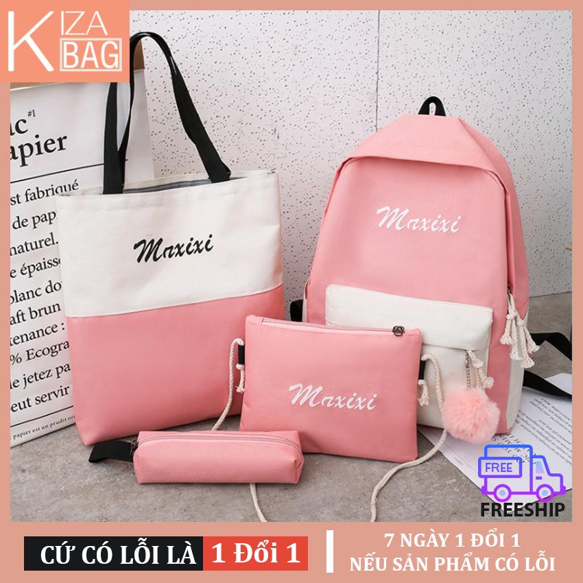 [ Mua 1 nhận 4] Balo nữ, combo balo túi xách thời trang, balo du lịch, balo đi học cao cấp ( Hồng trắng)