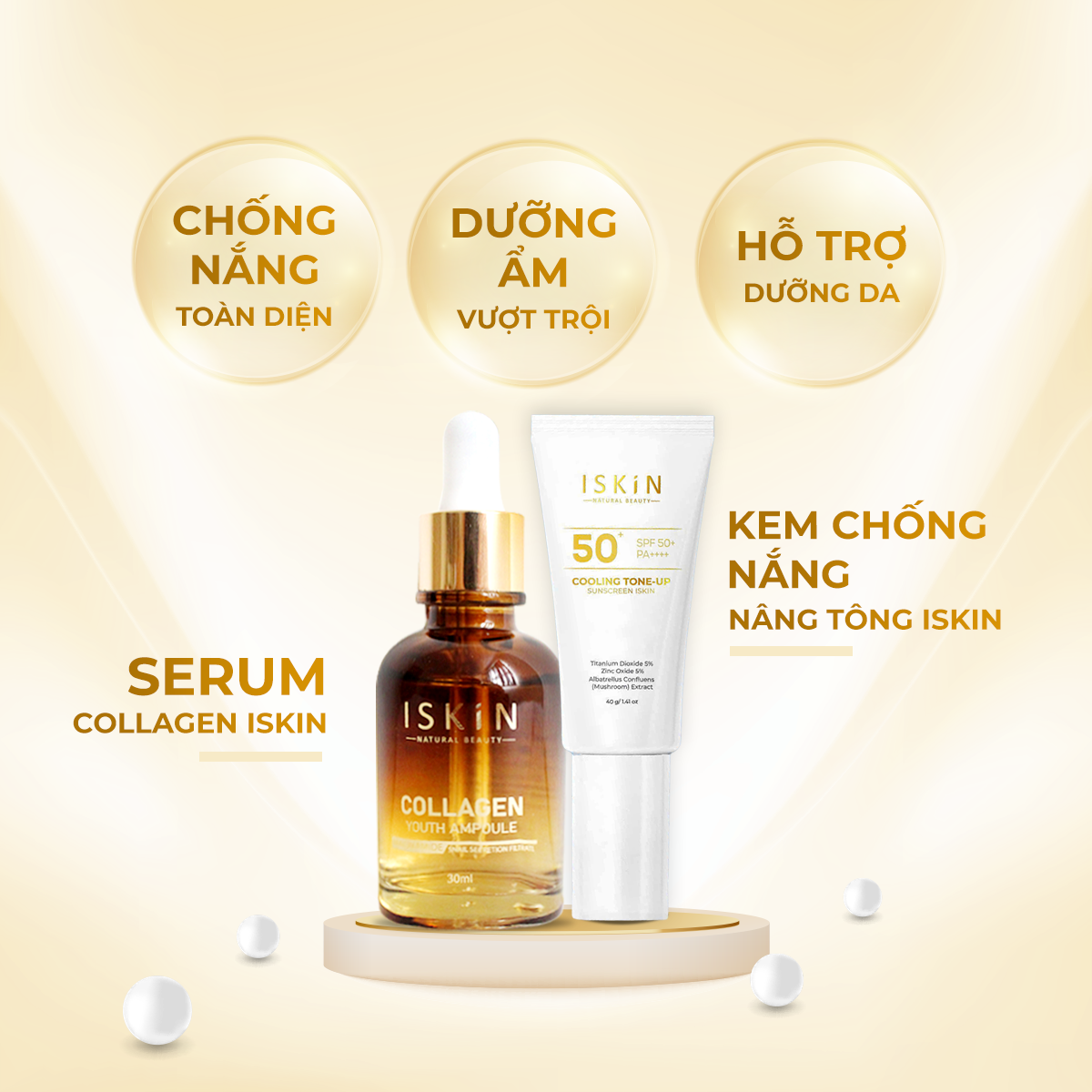 Combo Trắng Da Chống Nắng - Serum Dưỡng Trắng, Mờ Thâm, Trẻ Hóa Da ISKIN + 1 Kem Chống Nắng Phổ Rộng Nâng Tông Da ISKIN