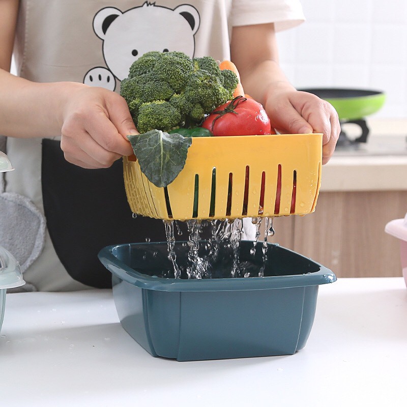 Rổ nhựa kèm thau 2in1 có nắp đậy