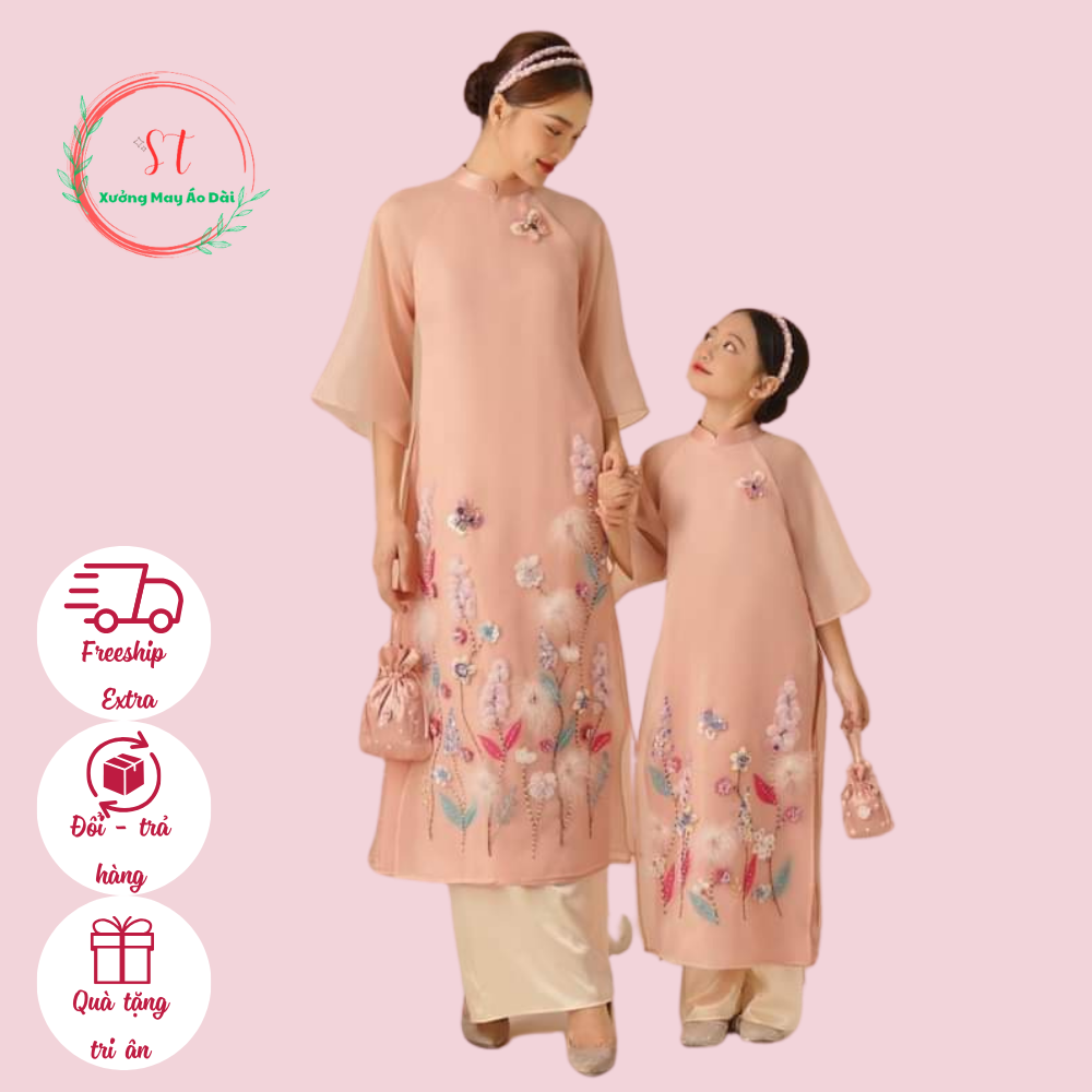 Áo dài mẹ và bé, áo dài cách tân Hồng Hoa chất tơ organza thiết kế 4 tà đính kết thủ công nổi bật - Áo dài ST - ST07