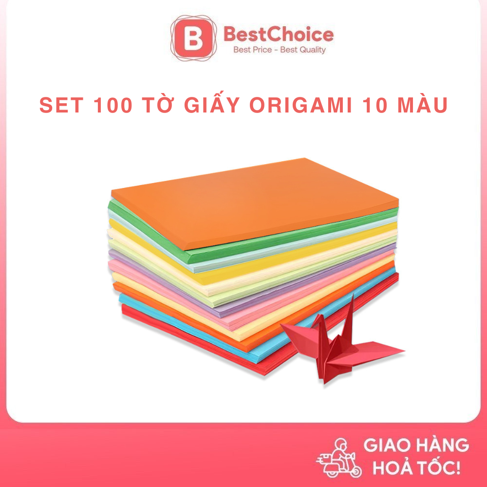 Giấy origami trơn 10 màu xấp 100 tờ, giấy thủ công khổ a4 sáng tạo
