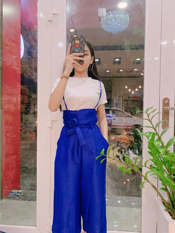 [SALE DỌN KHO] Set quần yếm demi ống rộng thắt nơ eo kèm áo thun trắng