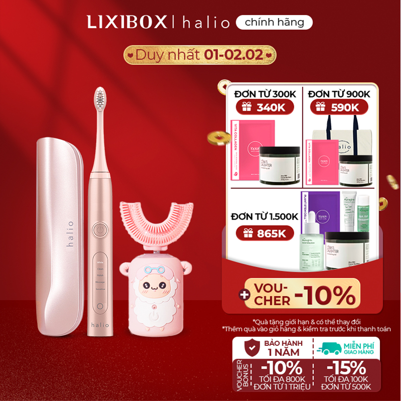 Combo mẹ & bé - bàn chải đánh răng điện chữ u cho bé pink và bàn chải điện halio toothbrush pro rose gold