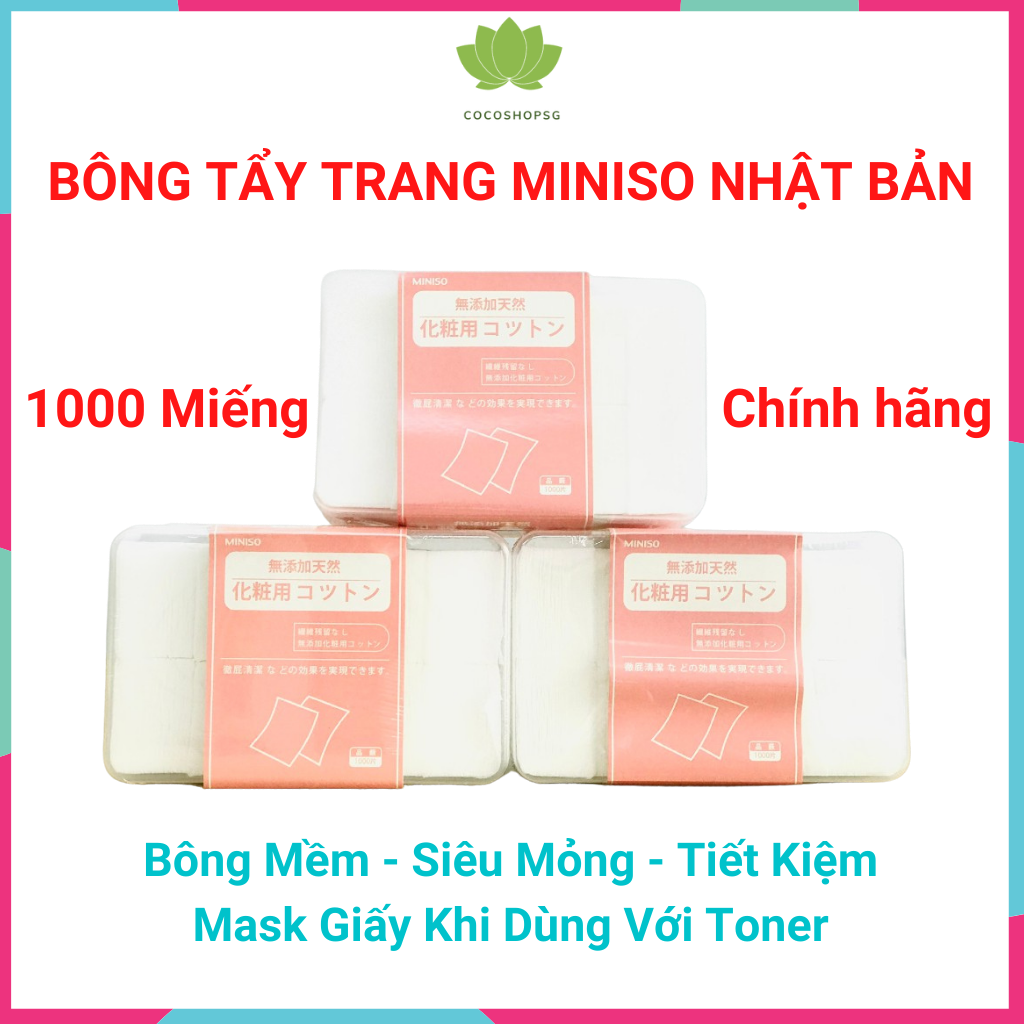 Hộp Bông Tẩy Trang Miniso 1000 Miếng Vuông Của Nhật Bản, Làm Từ Cotton 1 Lớp Siêu Mỏng, Dùng Đắp Toner, An Toàn Cho Da