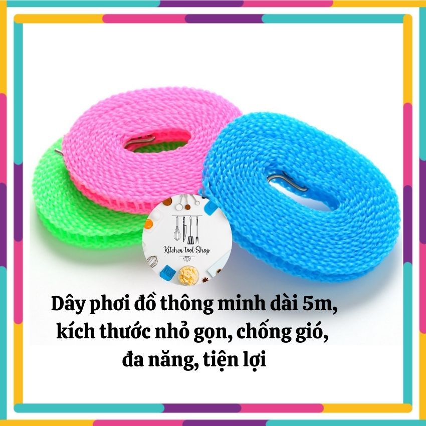 Cuộn dây phơi quần áo thông minh gấp gọn, treo đồ đa năng dài 5m, chống gió bay, rơi, Đồ dùng nhà bếp giá sỉ, vật gia dụng cụ giá rẻ, kho tiện ích gia đình, Kitchen Tool shop
