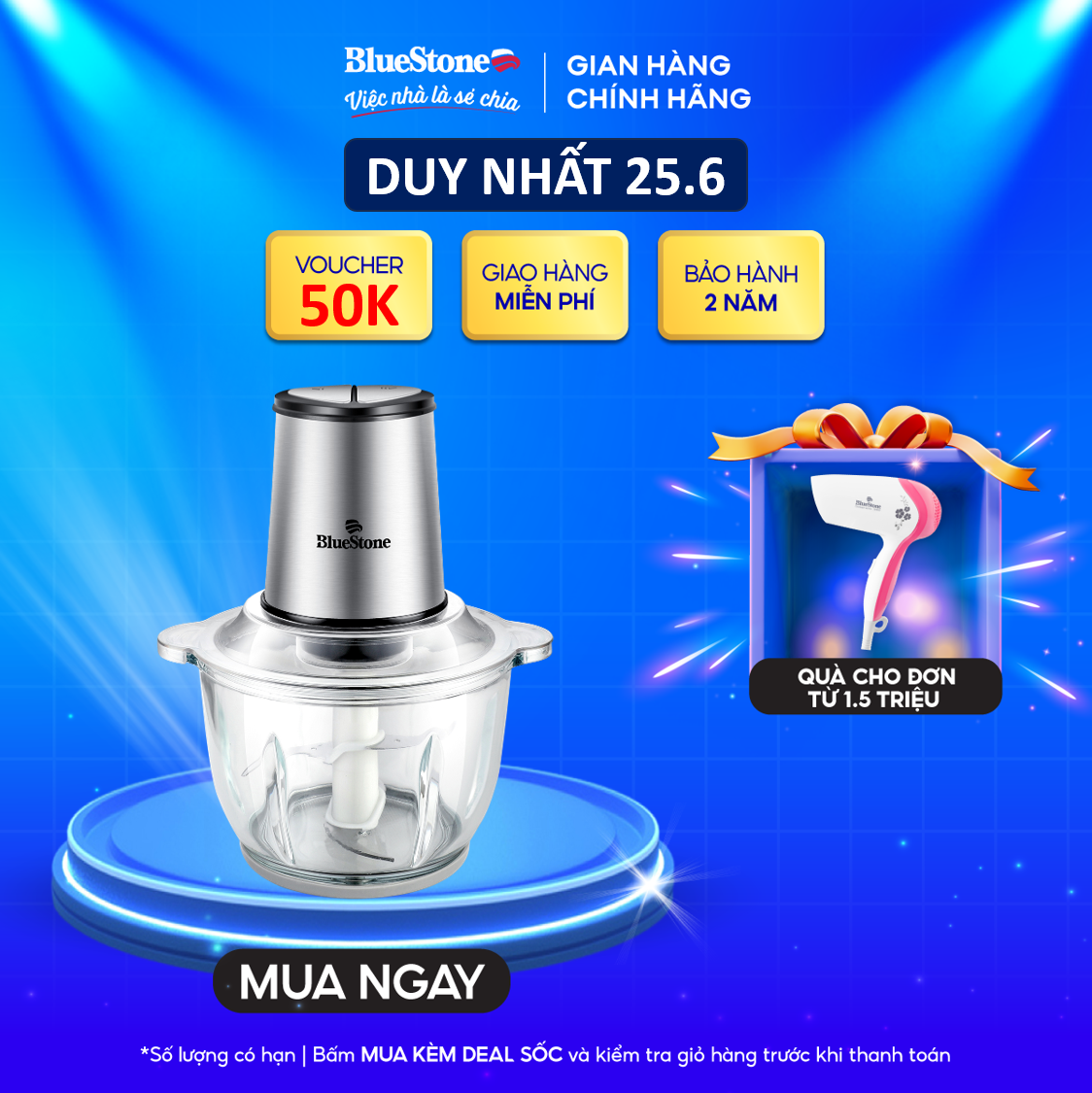 [DUY NHẤT 25-27.5 Voucher giảm 50K] Máy Xay Thịt BlueStone CHB-5149 (2L) - 2 Lưỡi Dao Kép - Cối thủy tinh chịu nhiệt cao cấp - Công suất mạnh mẽ 300W - Bảo hành 24 tháng - Hàng Chính hãng