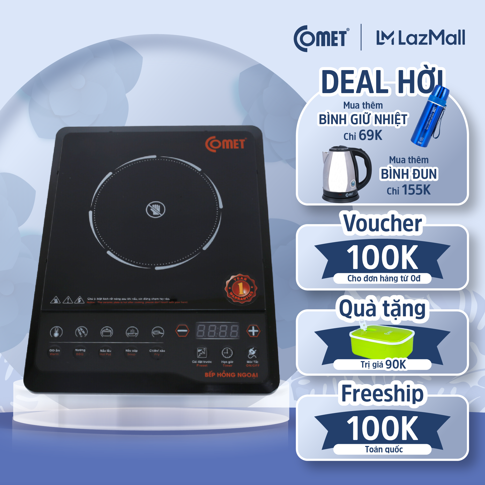 Bếp hồng ngoại nút bấm COMET CM5517 - Công suất 2000W - Sử dụng được tất cả các loại nồi chảo, tặng vỉ nướng - Bảo hành 12 tháng - Hàng Chính Hãng