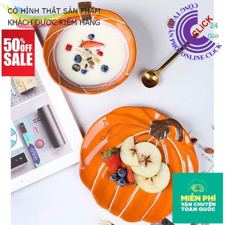 [Freeship]Set Chén to và dĩa hình bí ngô tuyệt đẹp - Bát Gốm sứ quả bí decor hàng cao cấp khử chì Bát đựng đồ ăn dặm thu hút bé - Mima Market
