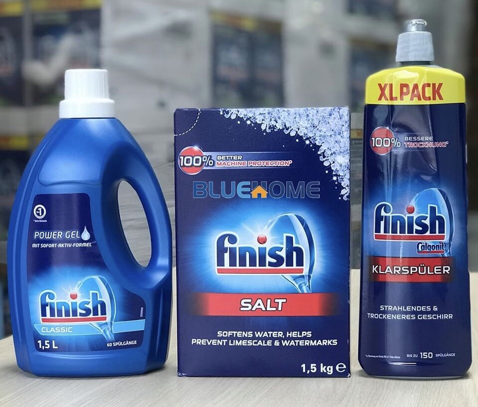 Combo Muối rửa chén finish 1,5kg+Xà phòng Finish Gel 1.5kg+Nước làm bóng chén bát 750ml - Dùng cho Máy Rửa Chén Bát