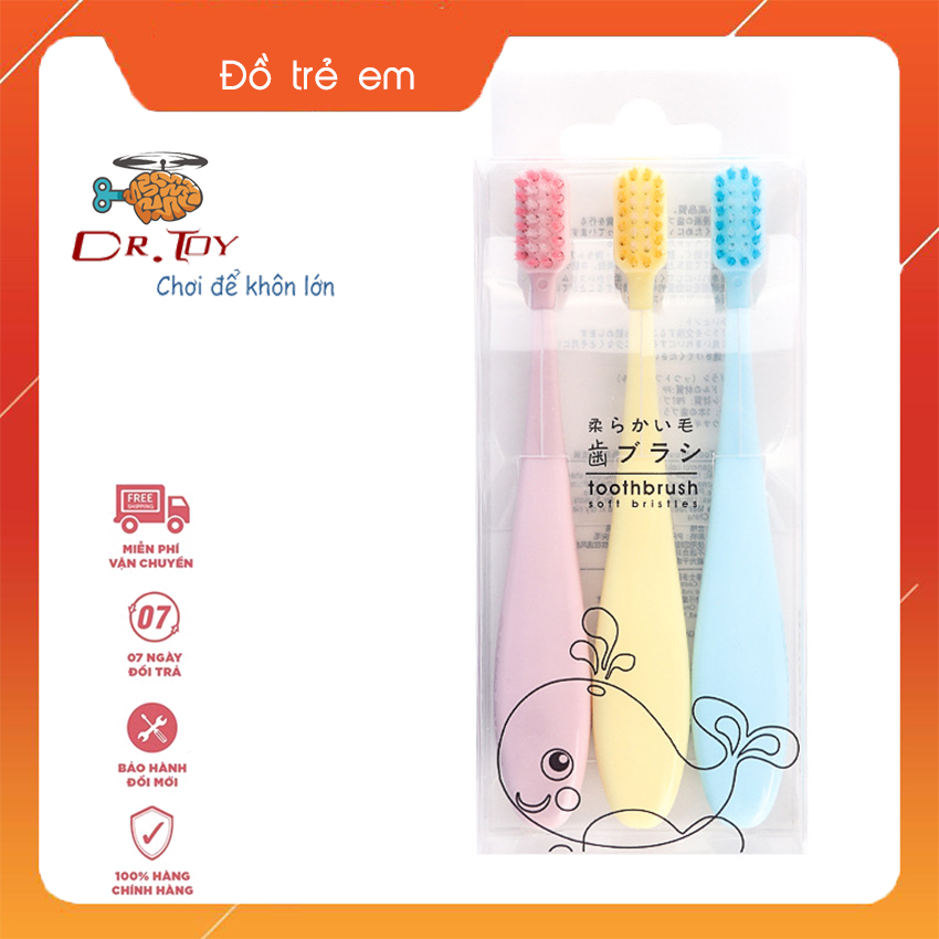 DrToy - Combo 3 bàn chải đánh răng chất lượng cho bé từ 2 đến 6 tuổi và hộp đựng bàn chải du lịch hình gấu siêu đáng yêu